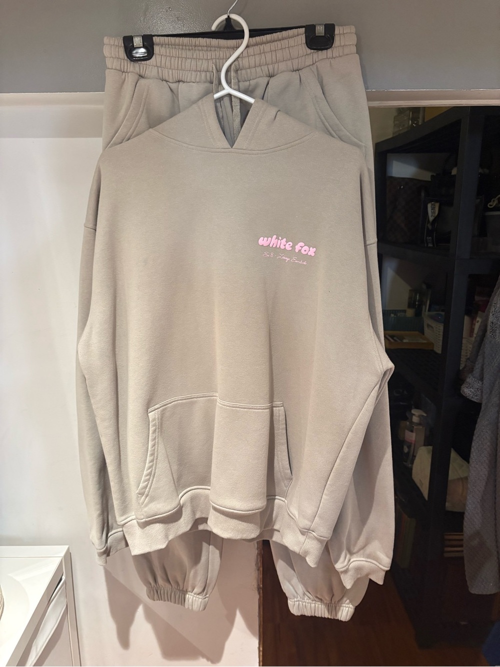 White Fox Boutique Taupe Cowl Pullover with Pink Logo